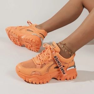 Letter patch decore mesh lace-up front chunky sneakers